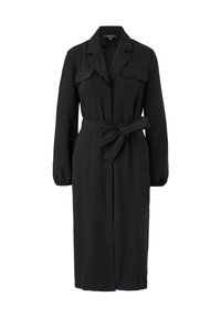 Robe manteau noire à manches longues avec ceinture, col à revers et deux poches à rabat sur la poitrine, poignets élastiques, silhouette longueur genou.