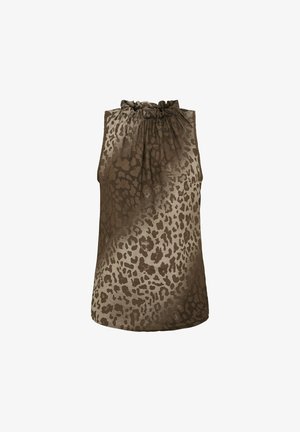 Ærmeløs brun leopardmønstret bluse med indsamlet høj krave og løs pasform.