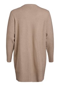 Beige neulecardigan, puolipitkä, rento leikkaus. Sisältää ribbikuvioiset hihansuut ja helman, tekstuuripintaa ja pyöreän kaula-aukon.