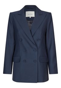 Blazer navy doppiopetto con rever affilati, due tasche frontali e bottoni arrotondati. Realizzato in tessuto liscio con una vestibilità strutturata.
