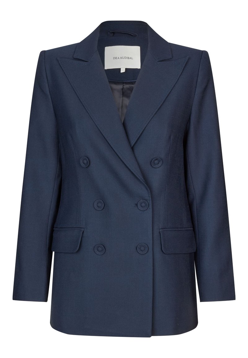 Blazer navy doppiopetto con rever affilati, due tasche frontali e bottoni arrotondati. Realizzato in tessuto liscio con una vestibilità strutturata.
