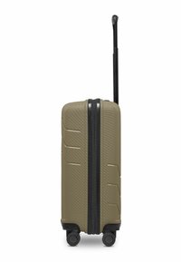 Valigia rigida compatta verde oliva con superficie texturizzata, zip nera, manico estensibile e quattro ruote a 360 gradi.