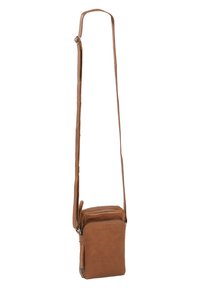 Borsa a tracolla in pelle marrone con cinturino regolabile, con due scomparti con zip e un design rettangolare elegante. Texture liscia.