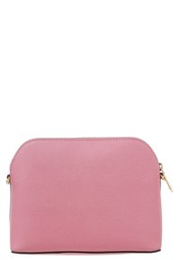 Borsa cosmetica in pelle rosa texturizzata con zip dorata, cima arrotondata e base piatta.
