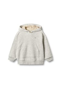 Grijze hoodie gemaakt van zacht materiaal, met een kangoeroezak, een capuchon met trekkoord en ribgebreide manchetten en zoom. Gevoerd met een lichter beige materiaal.