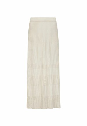 Langer cremefarbener plissierter Rock mit abwechselnden festen und Netzstrick-Querpanelen und einem taillierten Bund.