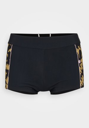 Black men's swim trunks with wide waistband and gold and pink abstract patterns on the side panels against a white background.