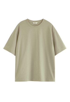 T-shirt a manica corta dal taglio morbido in cotone verde oliva chiaro. Presenta un collo rotondo e una superficie liscia, non testurizzata.