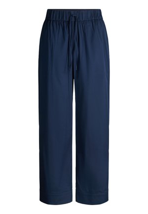 Pantalon large bleu marine avec taille élastique et cordon de serrage, doté d'ourlets retroussés et d'une coupe décontractée.