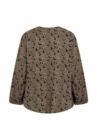 Langärmlige Bluse mit Paisleymuster in Beige auf schwarzem Hintergrund, mit abgerundetem Saum und lockerem Schnitt.