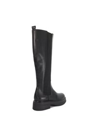 Black knee-high leather boot with elastic side panel, pull tab at top, chunky sole, and low block heel shown from side and back.