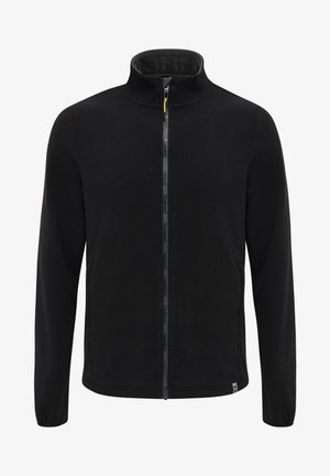 Black fleece jacket featuring a high collar, full-length zipper with yellow accent, and two side pockets. Smooth texture and simple design.