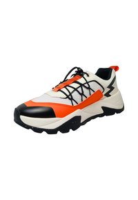 Sport sneakers with a white fabric upper, black and orange accents, textured sole, and thick black outsole for grip; features lacing system.