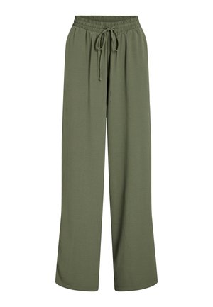 Pantaloni verde oliva a vestibilità larga con gambe ampie, vita elasticizzata e coulisse regolabile sul davanti.
