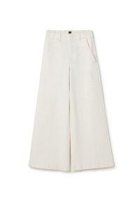 Pantalones de pierna ancha en un color beige claro. Hechos de una tela texturizada, cuentan con dos bolsillos frontales y una cómoda cinturilla elástica.