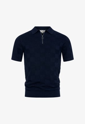 Mørkeblå kortærmet strikket polo med ternet mønster og frontlynlås med en cirkulær træk-ring.