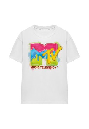 White cotton t-shirt featuring a colorful MTV logo in pink, blue, and yellow with a watercolor effect and the text “MUSIC TELEVISION.”