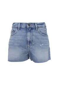Shorts in denim azzurro chiaro con una finitura sbiadita. Design a vita alta, cinque tasche e leggeri dettagli strappati sul davanti.