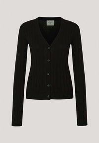 Svart ribbad cardigan med V-ringning, långa ärmar och knäppning med fem knappar. Har en texturerad stickad design och subtila detaljer längs kanterna.