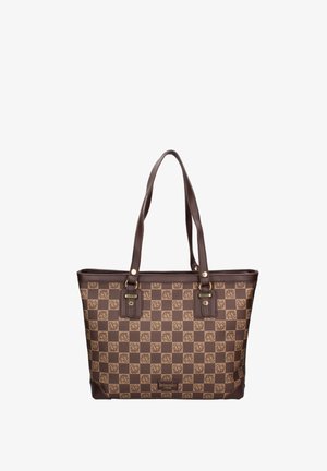 Borsa shopper a quadri marroni e beige con motivo floreale, due manici lunghi e etichetta del marchio "braccialini" al centro in basso sul davanti.