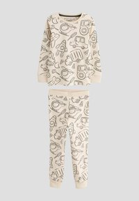 Completo pigiama per bambini in beige, con disegni a linee nere di veicoli e giocattoli. Maglietta a maniche lunghe e pantaloni abbinati con elastico.