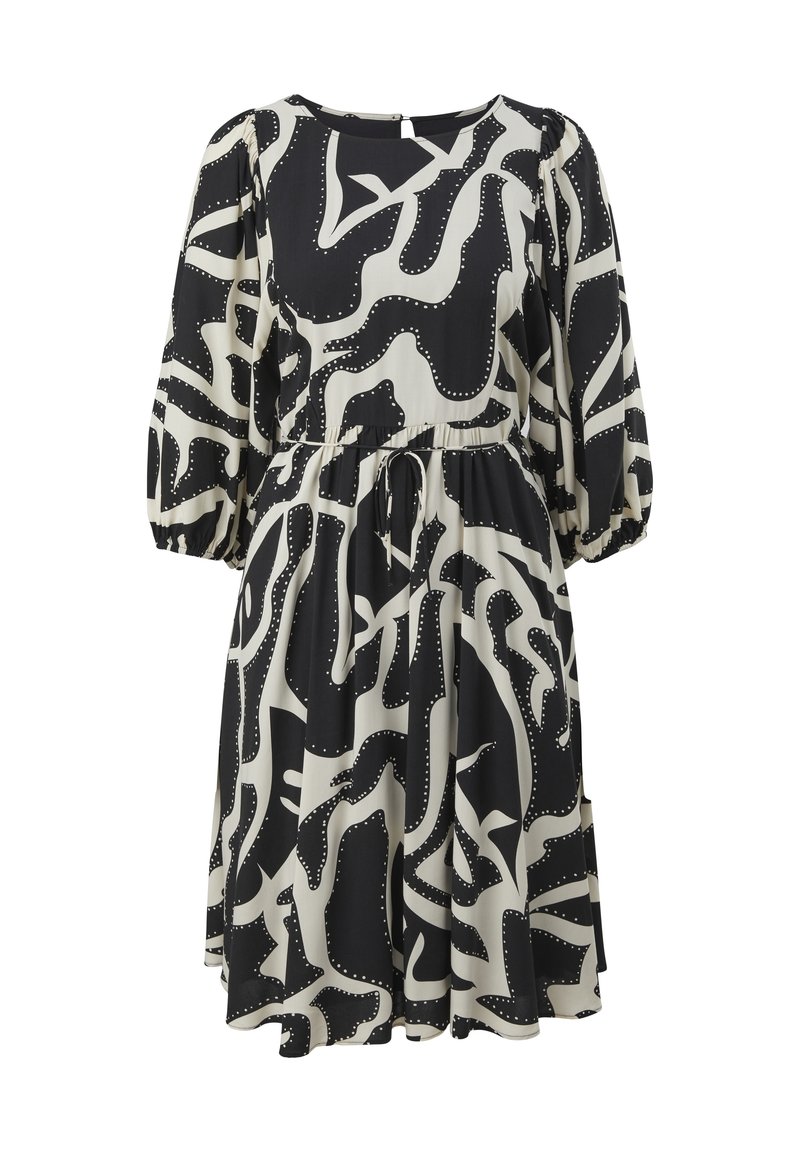 Robe noire et crème avec un motif abstrait, dotée d'une ceinture à la taille, de manches longues bouffantes et d'un col rond. Tissu à texture lisse.
