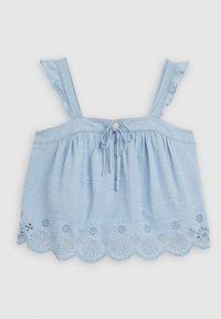 Light blue cotton top with a gathered bodice, adjustable spaghetti straps, and embroidered floral scalloped hem. Ruffled strap edges.