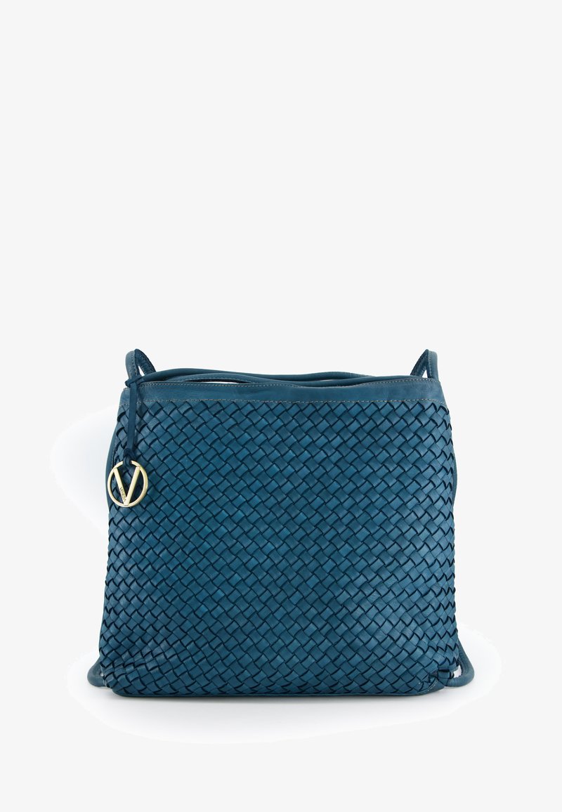 Blue woven leather handbag with a flat shape, featuring a gold hardware accent and a textured surface. Adjustable strap for carrying.