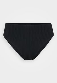 Schwarze, gerippte Bikinihose mit hoher Taille, glatter Textur und sauber genähten Kanten für verbesserten Sitz und Komfort.