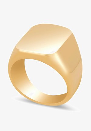 Zeltīta metāla gredzens ar gludu kvadrātveida augšu, noapaļotu joslu un pulētu apdari, atspoguļojot gaismu un demonstrējot elegantu dizainu.
