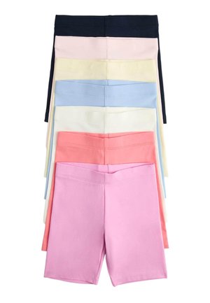 Stack of seven pairs of fitted shorts in navy, pale pink, cream, light blue, white, coral, and lavender colors.