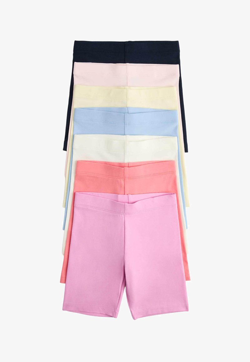 Pila de siete pares de pantalones cortos ajustados en colores azul marino, rosa pálido, crema, azul claro, blanco, coral y lavanda.
