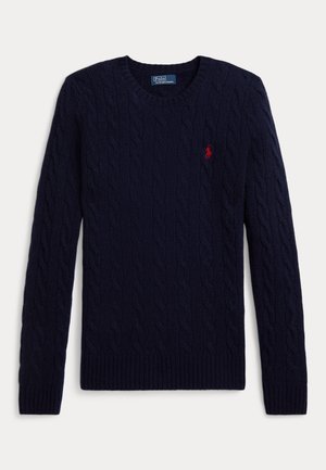 Tengerészkék, hosszú ujjú, kötött fonott mintás pulóver kerek nyakkivágással, a mellrészen vörös hímzett Polo Ralph Lauren logóval.
