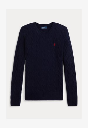 Námořnicky modrý dlouhý svetr s kabelovým vzorem, kulatým výstřihem a červeným vyšívaným logem Polo Ralph Lauren na hrudi.