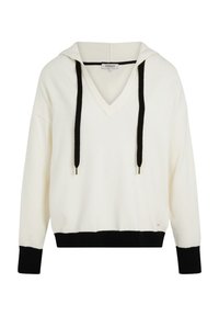 Maglione con cappuccio a V in crema con accenti neri. Presenta una vestibilità rilassata, coulisse e polsini e orlo a costine. Texture in maglia morbida.