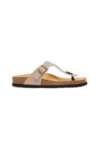 Beige teensandaal met een kurken voetbed, zwarte rubberen zool en een gouden gesp accent. Gladde strapontwerp met een minimalistische uitstraling.