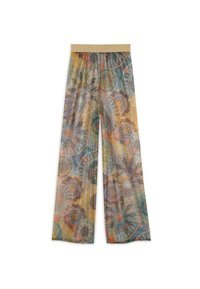 Pantalones de pierna ancha hechos de una tela ligera y estampada que presenta diseños circulares en tonos terrosos de naranja, azul y verde, con una cinturilla beige.