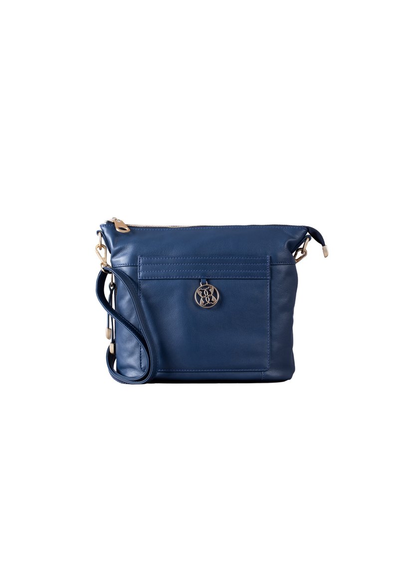 Blue leather shoulder bag with a zip closure, front pocket, gold-tone hardware, and detachable strap. Features logo medallion detail.