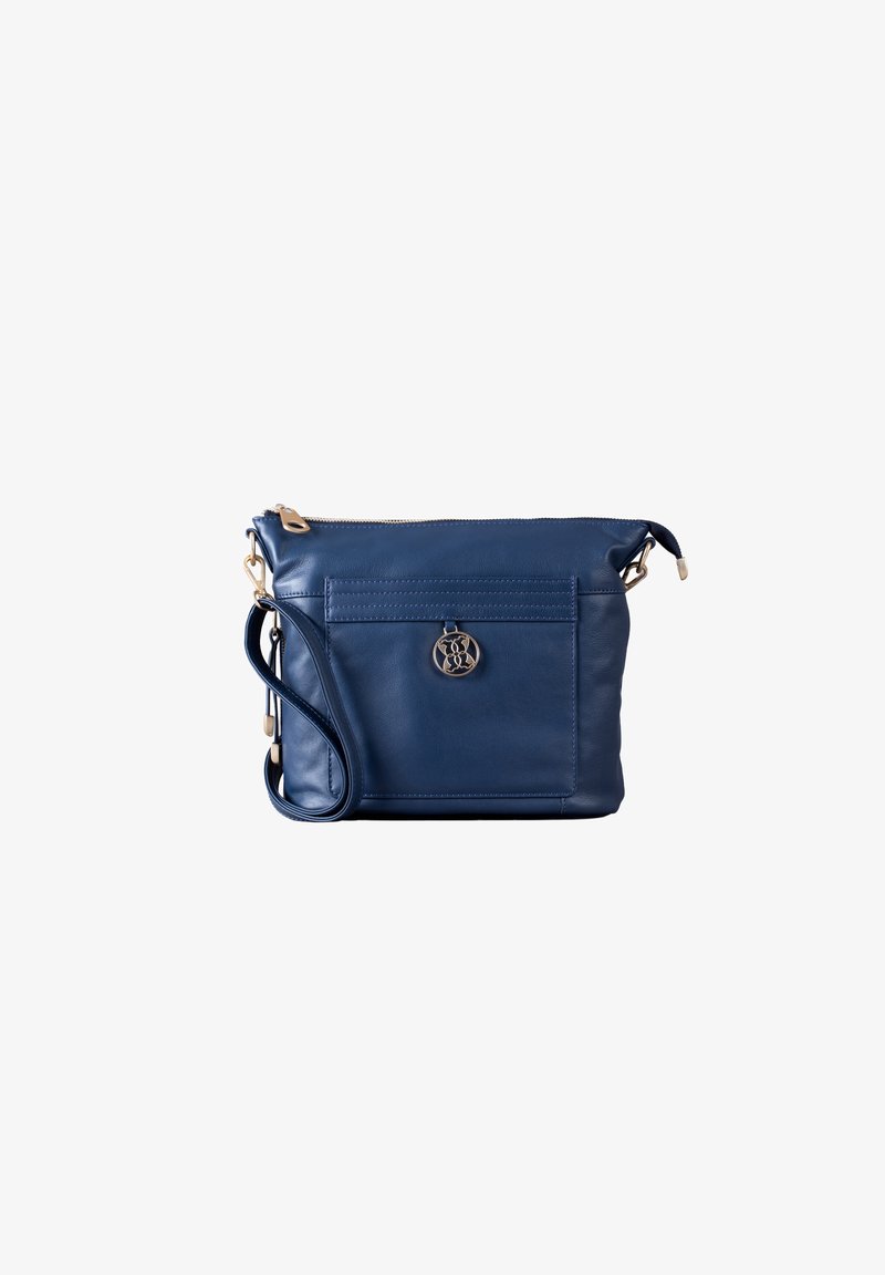 Blue leather shoulder bag with a zip closure, front pocket, gold-tone hardware, and detachable strap. Features logo medallion detail.