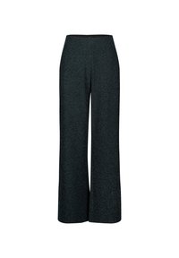 Pantalon à jambes larges en tissu sombre scintillant. Il présente une taille haute et une texture lisse avec un léger éclat sur toute la surface.
