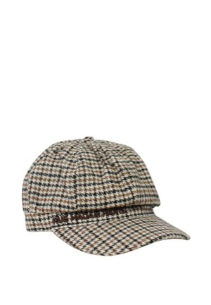 Cappello da giornalaio con motivo pied de poule, corona rotonda e tesa corta e curva in toni marrone, nero e beige.