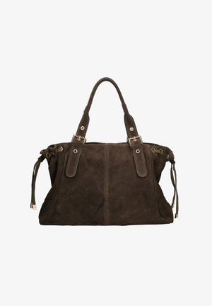 Borsa in suede marrone scuro con due manici, dettagli con fibbia e accenti con cordoncino sui lati, su sfondo bianco.