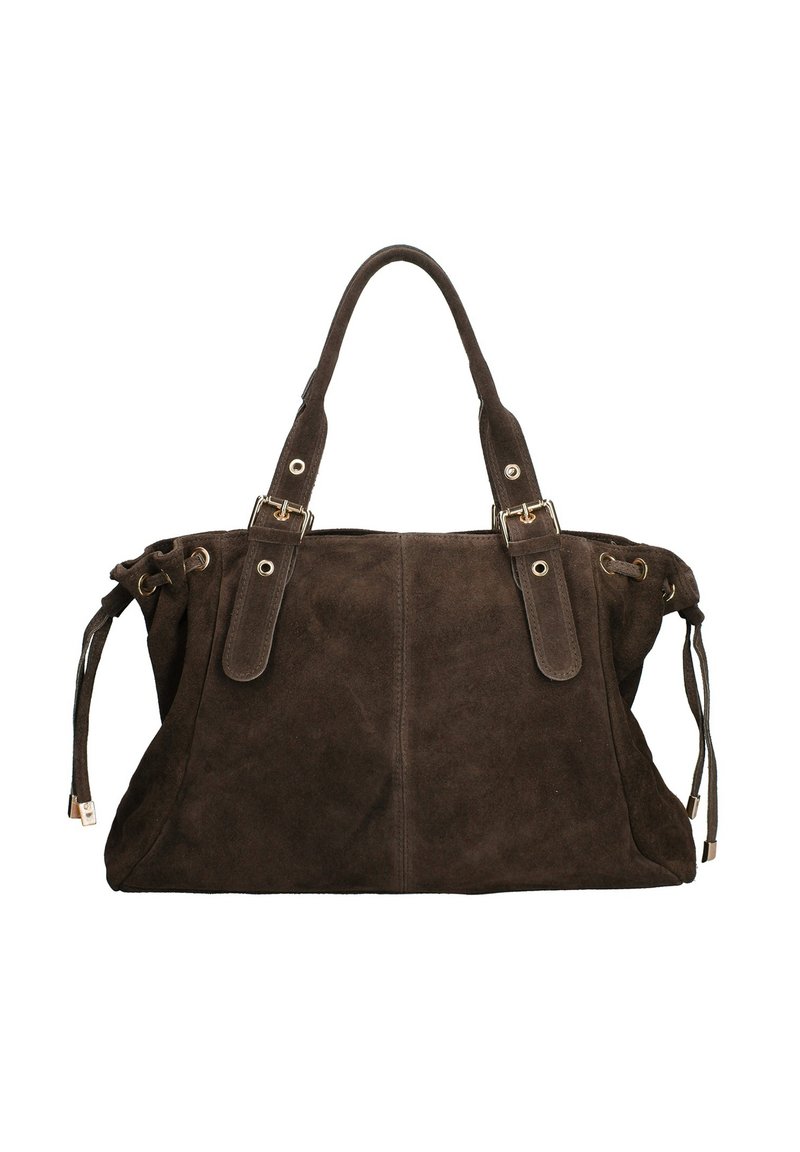 Sac à main en suède marron foncé avec deux poignées, détails en boucle et cordons sur les côtés, sur fond blanc.