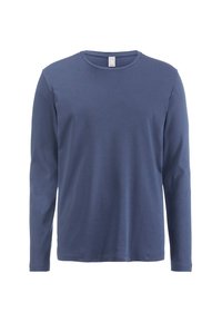 Langärmliges Hemd in einem tiefen Blauton, aus weichem Baumwollmaterial gefertigt. Mit Rundhalsausschnitt und sauberer Naht entlang der Säume.