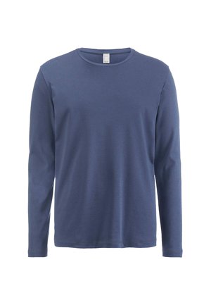 Langärmliges Hemd in einem tiefen Blauton, aus weichem Baumwollmaterial gefertigt. Mit Rundhalsausschnitt und sauberer Naht entlang der Säume.