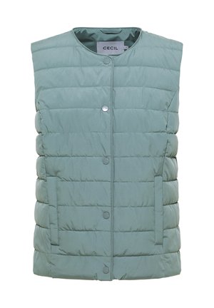 Sleeveless light green quilted vest with horizontal stitching, snap buttons down the front, and two side pockets.