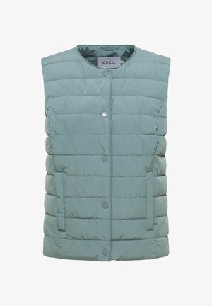 Ærmeløs, lysegrøn quiltet vest med vandret syninger, trykknapper foran og to sidelommer.