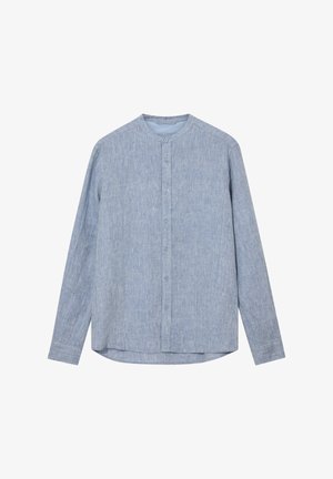 Light blue long-sleeve linen shirt with stand collar and front button closure, displayed against a white background.
