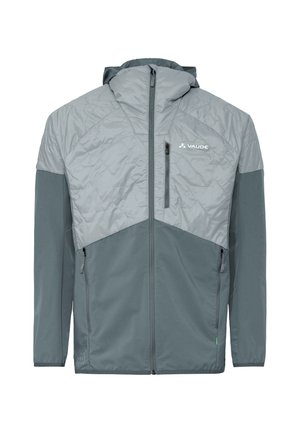 Veste légère bicolore grise pour hommes de Vaude avec partie supérieure matelassée sur la poitrine, capuche, fermeture éclair complète et poches zippées sur le devant et la poitrine.