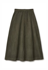 Olivově zelená midi sukně vyrobená z texturované tkaniny s nařaseným elastickým pasem a jemnými vertikálními pruhy.